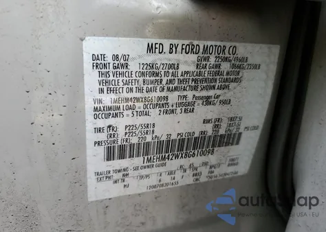 2008 Mercury Sable Premier from USA, damaged, VIN 1MEHM42WX8G610098